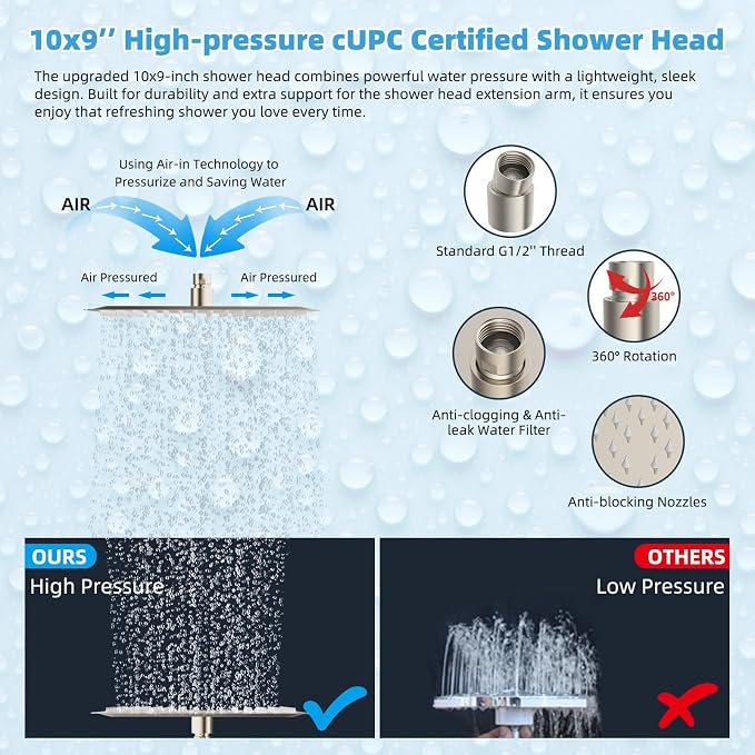 Hibbent All Metal CUPC Certified 10'' Rainfall Shower Head, Dual Shower Head Combo, High Pressure Handheld 4 Sprays Shower Wand, 16'' Adjustable Extension Arm, 71'' Hose, Shower Holder, Brushed Nickel