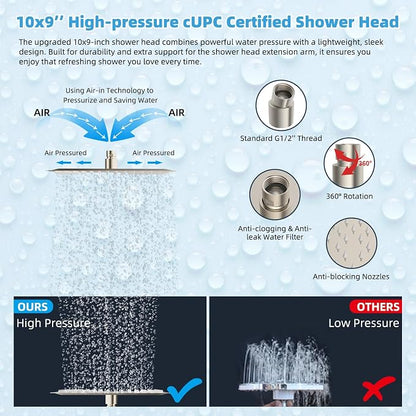 Hibbent All Metal CUPC Certified 10'' Rainfall Shower Head, Dual Shower Head Combo, High Pressure Handheld 4 Sprays Shower Wand, 16'' Adjustable Extension Arm, 71'' Hose, Shower Holder, Brushed Nickel