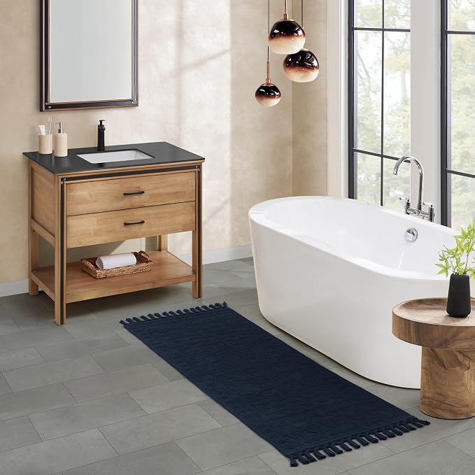 French Connection Nellore Bath Rugs, Woven and Beaded Bath Mats, Durable and Thick Bath Mats for Bathroom and Shower Rugs, 24" x 64", Navy