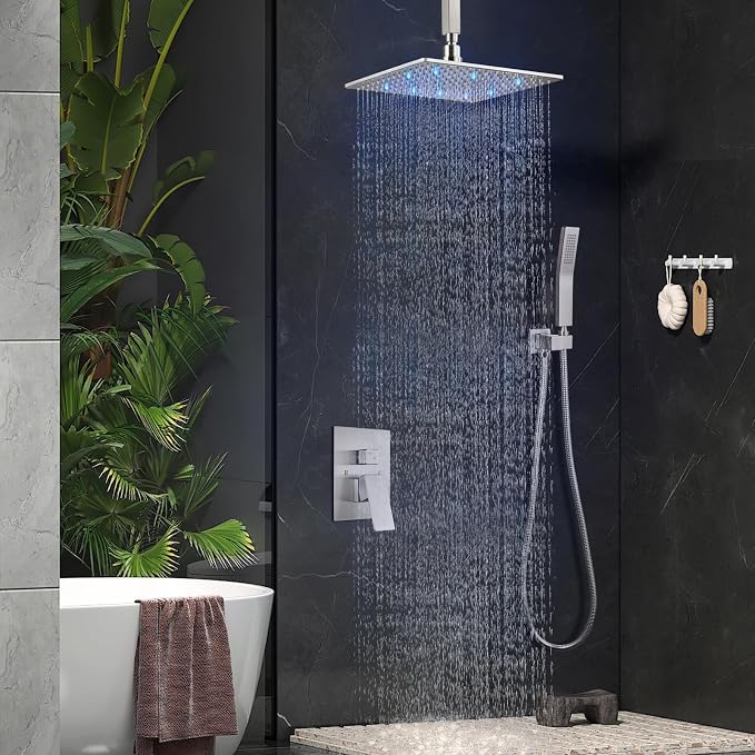 Aolemi Ceiling Shower Faucet Set with Handheld 10" LED Head Brushed Nickel | Handheld Spray,10 Inch Rain LED Head,Shower Valve and Trim Kit,All Metal,Ceiling System,Bathroom Mixer