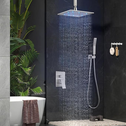 Aolemi Ceiling Shower Faucet Set with Handheld 10" LED Head Brushed Nickel | Handheld Spray,10 Inch Rain LED Head,Shower Valve and Trim Kit,All Metal,Ceiling System,Bathroom Mixer