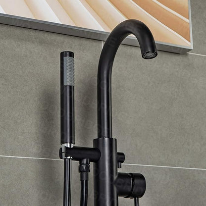 Woodbridge Contemporary Single Handle Floor Mount Freestanding Tub Filler Faucet with Hand Shower in Matte Black Finish,F0006MBRD