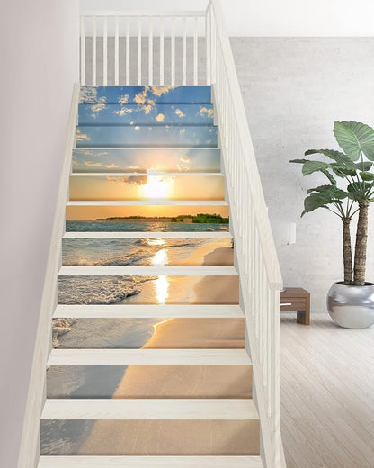 FLFK Sunrise Coast Stair Stickers - Set of 15, Peel and Stick Stair Riser Decals, 39.3"x7.08"