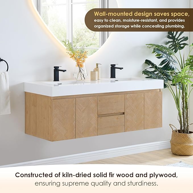 60 Inch Floating Sink Bathroom Vanity Wall Mount Double Vanities Overflow Mordern Large Storge Cabinet with Ceramic Countertop Double Soft Closing Drawers Pre-Assembled