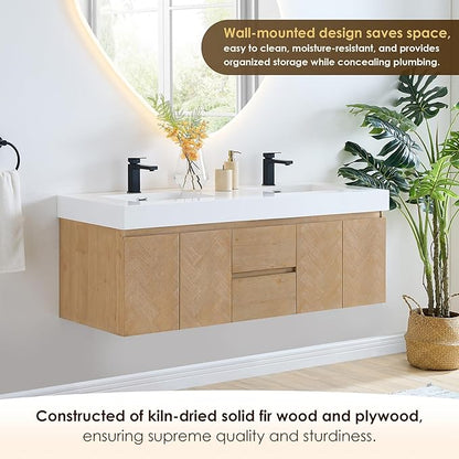 60 Inch Floating Sink Bathroom Vanity Wall Mount Double Vanities Overflow Mordern Large Storge Cabinet with Ceramic Countertop Double Soft Closing Drawers Pre-Assembled