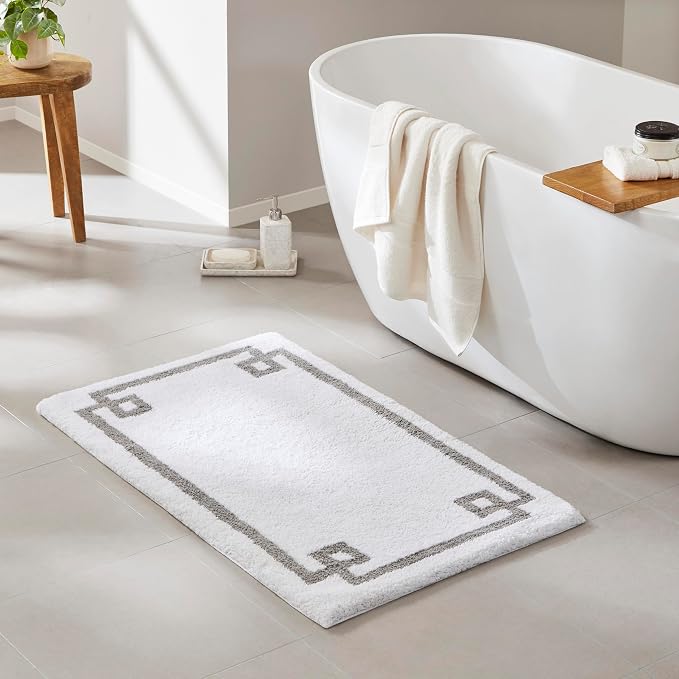 Madison Park Evan 100% Cotton Bath Rug Plush Absorbent, 24" x 40", White | Non-slip Backing, OEKO TEX, Luxurious Tufted Plush Bath Mat for Bathroom, Quick Dry, Spa Design Decorative for Shower Room
