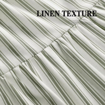 Farmhouse Shower Curtain Ruffle Linen White-Green Stripe 72"W x 72"L | Farmhouse Boho, Striped, Bottom Ruffle, Cotton Fabric, Rustic, Country, Natural Look, Washable, for Bathroom Bathtub