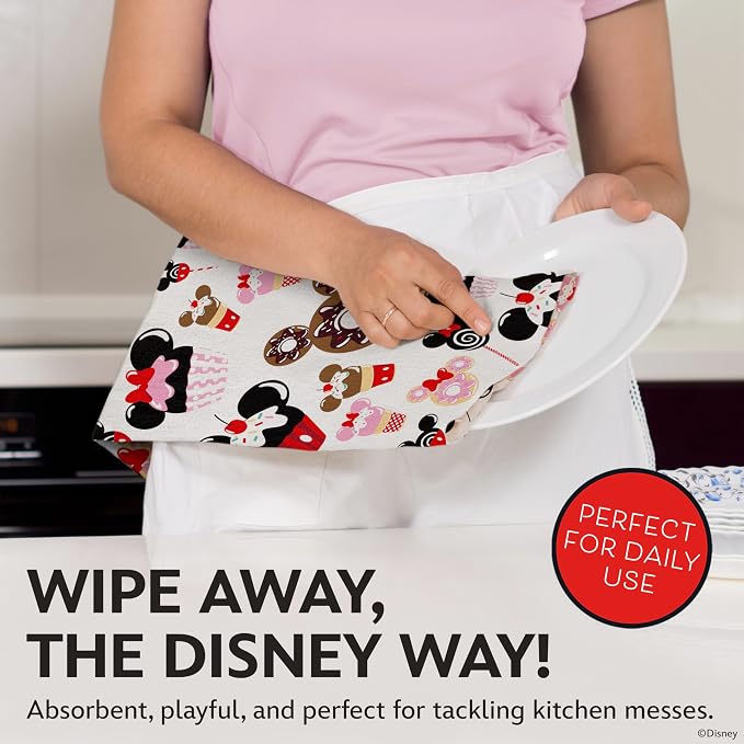 Disney Mickey & Minnie Cotton Kitchen Towels, 2-Pack 16"x26", Absorbent | Durable, colorfast dish towels resist fraying, machine washable, dries dishes, hangs on oven handles, great for gifting