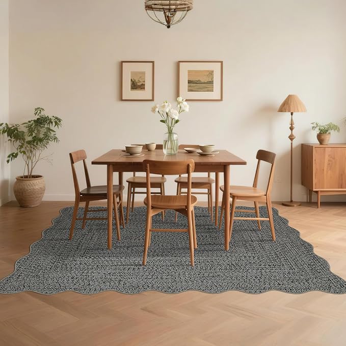Imitation Braided Collection-Print Washable Rugs 10x13 Area Rug for Living Room Scalloped Bedroom Rug Soft Large Area Rug Non Slip Throw Rugs Stain Resistant Carpet for Nursery Dining Room