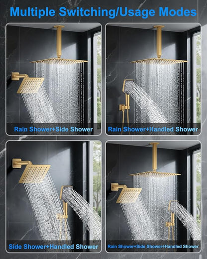 Shower System with Pressure Balance Valve, 12" Ceiling Mount Shower Faucet Set with 2 Rain Shower Head And Multi-function Handheld Head Push Button Diverter Pressure Balancing Valve Kit, Brushed Gold