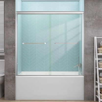 GETPRO Sliding Tub Shower Door 56-60 in. W x 58 in. H Semi-Frameless Bypass Double Sliding Bathroom Glass Door for Tub,1/4 inch Clear Tempered Glass Bathtub Door Brushed Nickel