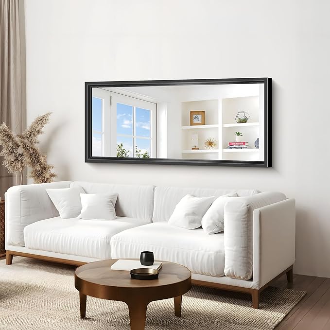 Black Rectangle Mirror, 60 x 28 Inch Large Bathroom Mirrors for Over Sink, 0.6" Thickened Deep Frame, Rectangular Wall Mirror, Brushed, Tempered Glass, Antirust, Horizontally or Vertically