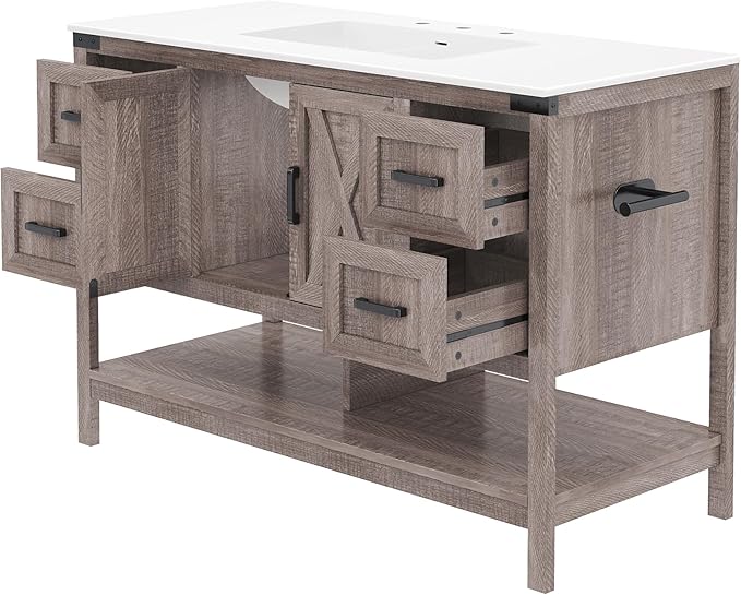 AMERLIFE 48” Farmhouse Bathroom Vanity with Sink, Freestanding Cabinet with 4 Drawers, Double Barn Doors & Open Shelf, Rustic Storage for Master or Family Bathroom, Light Gray