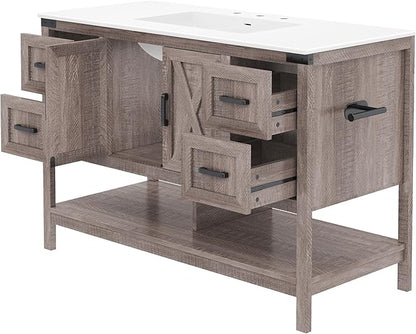 AMERLIFE 48” Farmhouse Bathroom Vanity with Sink, Freestanding Cabinet with 4 Drawers, Double Barn Doors & Open Shelf, Rustic Storage for Master or Family Bathroom, Light Gray