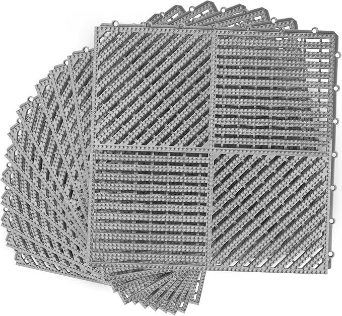 Modular Interlocking Cushion 12 Pack 11.8" x 11.8" Rubber Floor Tiles Non-Slip Splicing Drainage Mats for Deck, Pool, Shower, Patio, Balcony, Bathroom, Kitchen, Yard (2 Rows Dots, Gray)