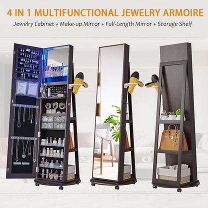 360 Rotating Jewelry Armoire Organizer with Lights, Lockable Cabinet Standing, Perfect for Christmas Gifts (Brown)