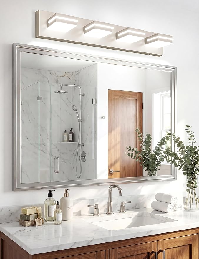 VOLISUN Modern Bathroom Vanity Light Fixtures (4-Light, 30-Inch), Brushed Nickel LED Bathroom Light Fixtures Over Mirror, 360°Rotatable Head, LED Vanity Lights for Bathroom (Cool White 6000K)