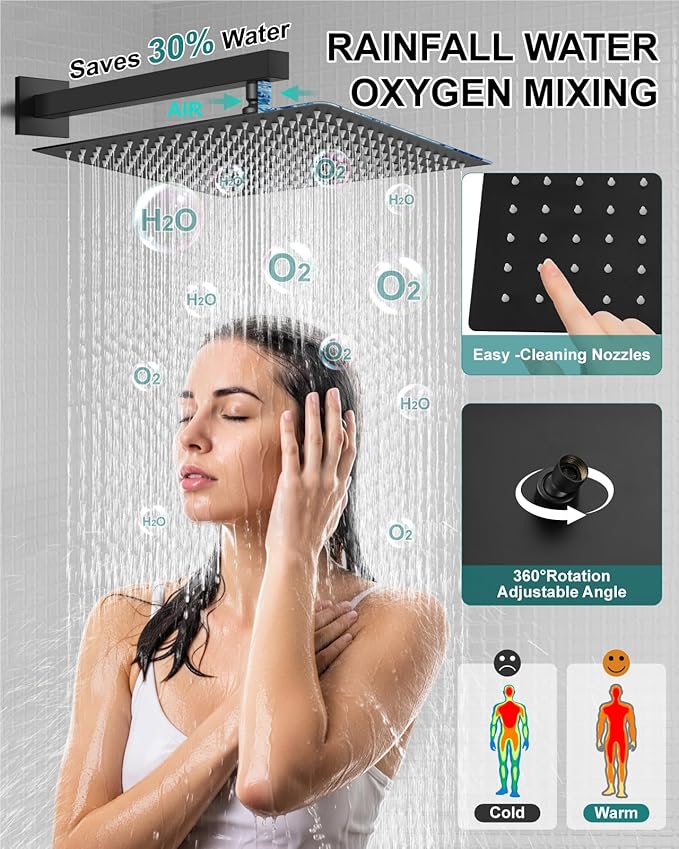 Shower Faucet Set Rainfall Shower System with Square Showerhead and Handle Set Fixture with 2 in 1 Function Handheld Sprayer Wall Mounted Trim Repair Kit Rough-in Valve 16 Inch Matte Black