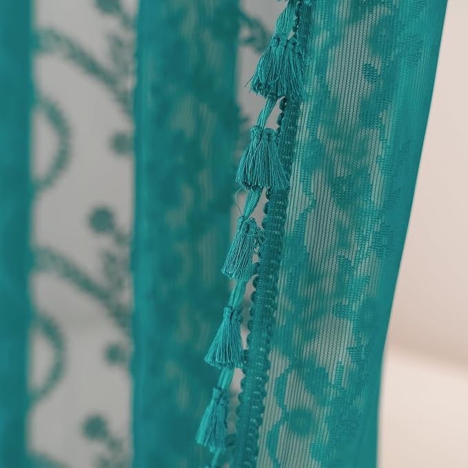 WAZZIO Teal Lace Shower Curtain for Bathroom 72" W x 72" L, Victorian Farmhouse Floral Pattern Tassel Fancy Shower Curtain Boho Washable Cloth Decorative Bath Curtains,1 Panel,Turquoise