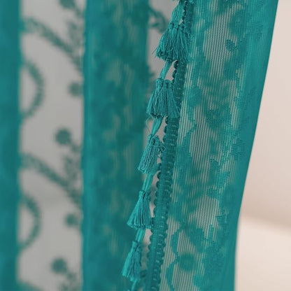 WAZZIO Teal Lace Shower Curtain for Bathroom 72" W x 84" L, Victorian Farmhouse Floral Pattern Tassel Fancy Shower Curtain Boho Washable Cloth Decorative Bath Curtains,1 Panel,Turquoise