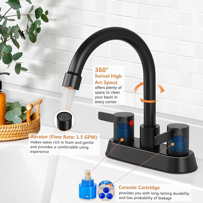 Herogo 2-Handle Centerset Bathroom Faucet Matte Black, Stainless Steel Vanity Sink Faucet 2-3 Hole with Drain Assembly, 360 Swivel Spout and Supply Hose for Farmhouse RV