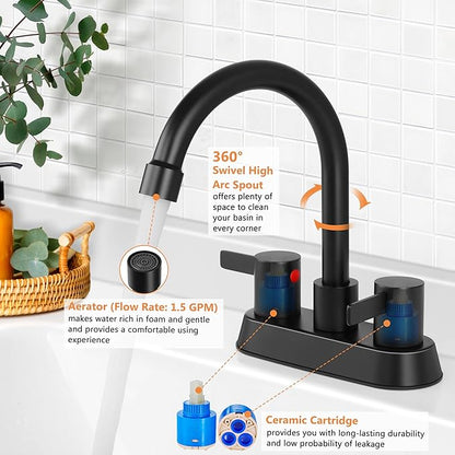 Herogo 2-Handle Centerset Bathroom Faucet Matte Black, Stainless Steel Vanity Sink Faucet 2-3 Hole with Drain Assembly, 360 Swivel Spout and Supply Hose for Farmhouse RV