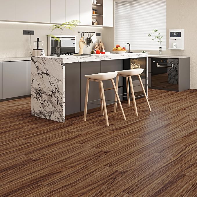 Hilarious Peel and Stick Vinyl Floor Tiles, Rustic Walnut Wood 36 PCS 54 Sq.Ft Waterproof Floor Stickers Self Adhesive Vinyl Flooring Stick on Floor Tiles Vinyl Plank Bathroom, Kitchen, Living Room RV