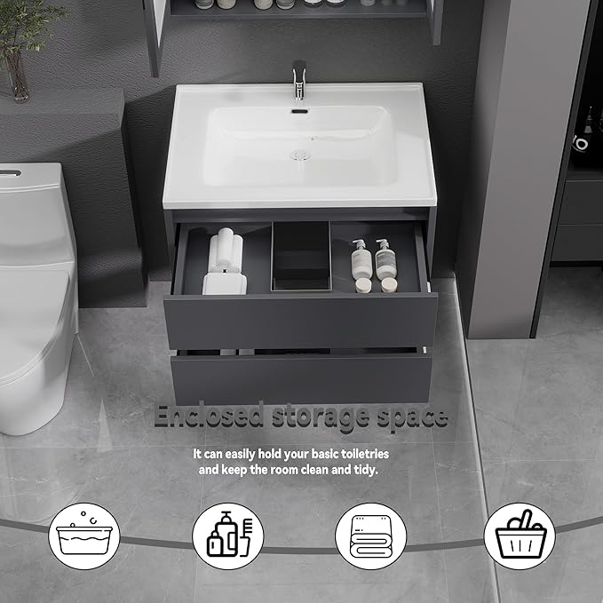 Dark Gray Floating Bathroom Vanity with Sink, 31x18 Inch Wall Mounted Bathroom Cabinet with 2 Drawers, Modern Single Sink Vanity for Small Bathroom, Space-Saving Storage Cabinet