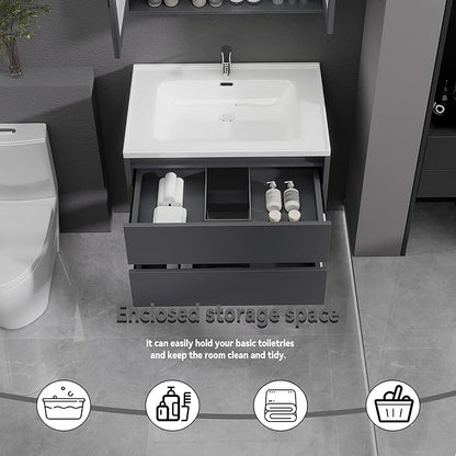 Dark Gray Floating Bathroom Vanity with Sink, 31x18 Inch Wall Mounted Bathroom Cabinet with 2 Drawers, Modern Single Sink Vanity for Small Bathroom, Space-Saving Storage Cabinet