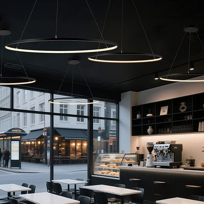 JONATHAN Y 35" Matte Black Modern Integrated LED Pendant Light, Dimmable Round Hoop Chandelier for Kitchen Island, Dining Room, Adjustable Height Metal Hanging Light (JYL7220A)