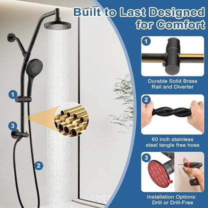 BRIGHT SHOWERS Rain Shower Head with Handheld Combo, Dual Shower System with Slide Bar, Adjustable Height, Brass Slide Bar & Diverter, 60 Inch Stainless Steel Hose, Oil Rubbed Bronze
