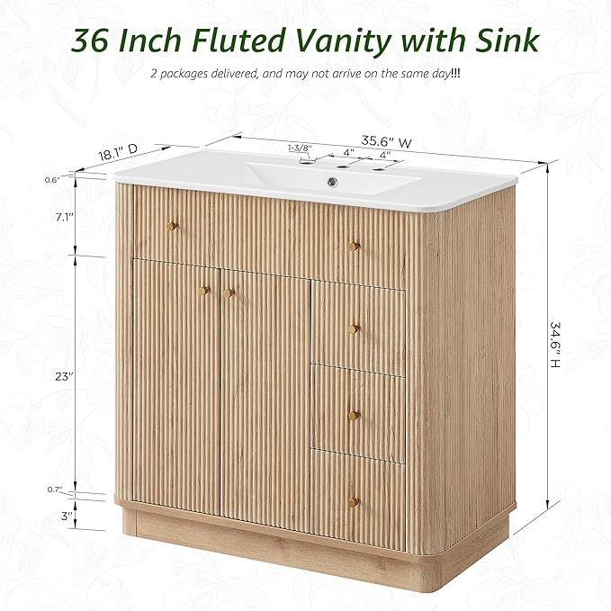 T4TREAM 36 Inch Bathroom Vanity with Sink, Modern Fluted Single Bathroom Vanity with Sink with Storage Cabinet, Adjustable Shelf and 3 Small Drawers, Natural Oak