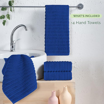 Elegant Comfort Luxury 100% Turkish Cotton Corduroy Ribbed 4 Pack Hand Towel Set 16 x 28 Inch - Absorbent, Super Soft, Quick Dry, Premium Towels for Bathroom, Gym, Spa and Hotel Use, Royal Blue