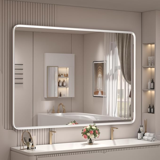 44x30 Inch Silver Framed Mirror | Silver Bathroom Vanity Mirror, Rounded Rectangle Mirror, Shatterproof, Anti-Rust, Silverish Painted (Horizontal/Vertical)
