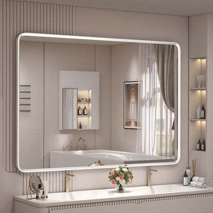 44x30 Inch Silver Framed Mirror | Silver Bathroom Vanity Mirror, Rounded Rectangle Mirror, Shatterproof, Anti-Rust, Silverish Painted (Horizontal/Vertical)
