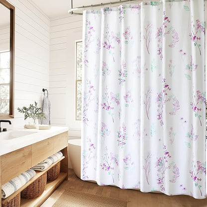 Lavender Purple and White Small Stall Shower Curtain,Waterproof Fabric Lilac and Sage Green Cottagecore Girls Shower Curtains for Bathroom Set with Hooks 36x72