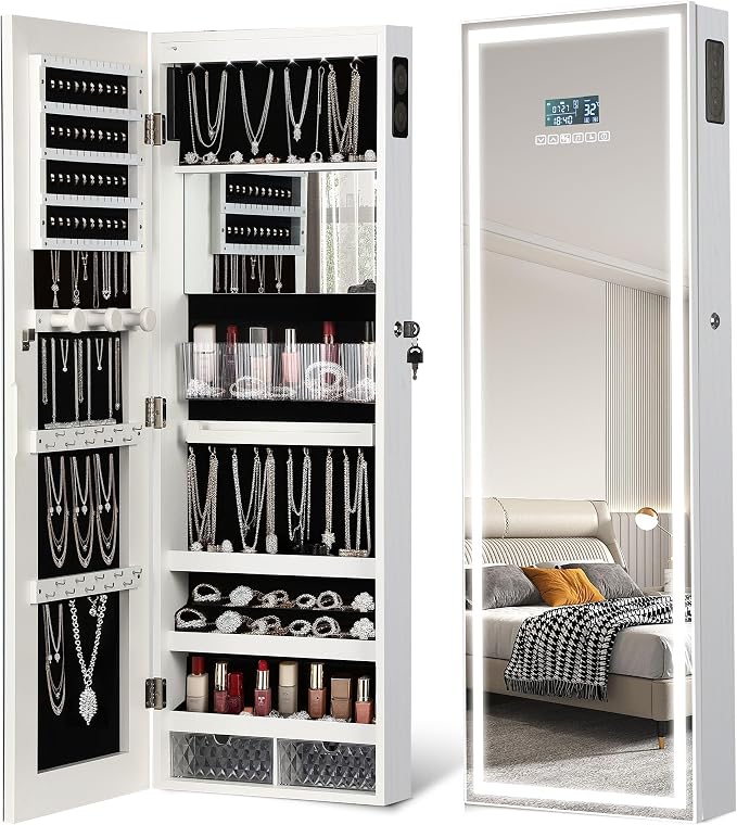 LED Mirror Jewelry Cabinet, Bluetooth Speaker, Full Length Mirror, White | Touch Screen, Defogging, Color Temperature & Timer Control; Lockable Storage with 2 Drawers; Wall or Door Mounted; 42.2" Tall