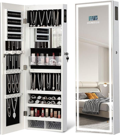 LED Mirror Jewelry Cabinet, Bluetooth Speaker, Full Length Mirror, White | Touch Screen, Defogging, Color Temperature & Timer Control; Lockable Storage with 2 Drawers; Wall or Door Mounted; 42.2" Tall