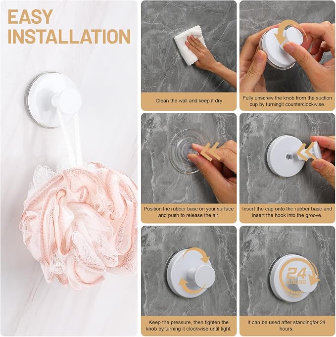 Suction Cup Hooks for Shower No-Drill Bathroom Hooks for Towels, Robes, Loofah Mountable on Bathroom Walls, Kitchen, Glass, Mirrors, Tile and Smooth,Non-Porous Surfaces (2, White)