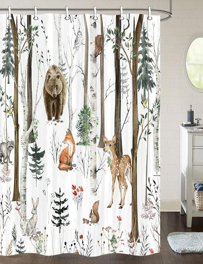 JAWO Rustic Forest Shower Curtain - Lodge Cabin Woodsy RV Wildlife Animals Woodland Campers Camping Bathroom Set with Hooks, 36X72 Inch, White