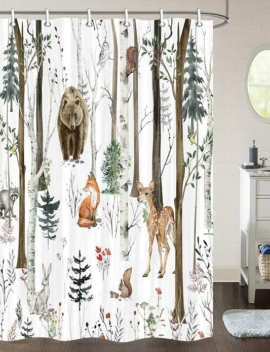 JAWO Rustic Forest Shower Curtain - Lodge Cabin Woodsy RV Wildlife Animals Woodland Campers Camping Bathroom Set with Hooks, 36X72 Inch, White