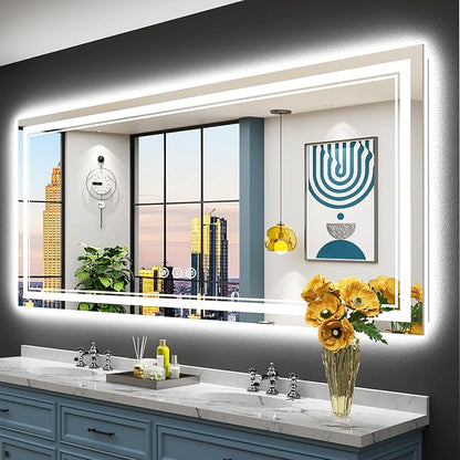 72x32 LED Bathroom Mirror with Lights, Backlit and Front Lit Anti-Fog Lighted Vanity Mirrors for Bathroom Wall, Dimmable, 3-Color Light, Memory, Shatter-Proof, HD Tempered Glass, CRI＞90