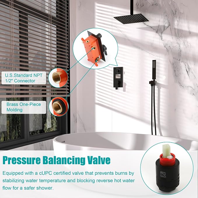 SKOWLL Shower Faucet Set Digital Display, 12 Inch Ceiling Mount Rainfall Shower Head with Handheld Combo, Matte Black Shower Head and Handle Set with Valve