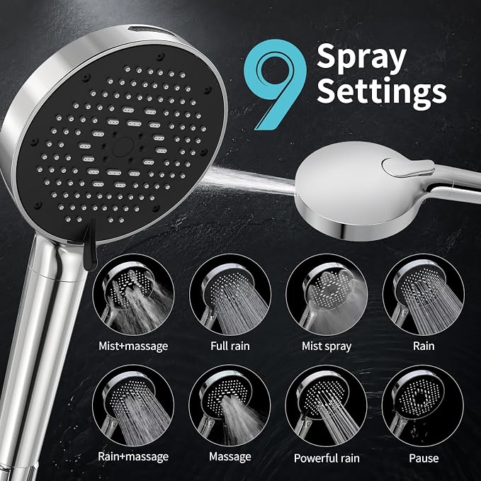 SR SUN RISE NSF Certified Filtered Shower Head with Handheld for Hard Water to Remove Chlorine High Pressure 9-Spray Setting (with Power Wash) Anti-Clog Nozzles (1 Filter, Chrome Silver)