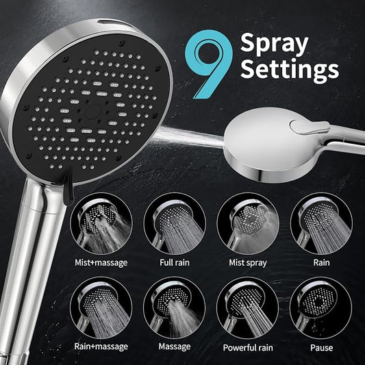 SR SUN RISE NSF Certified Filtered Shower Head with Handheld for Hard Water to Remove Chlorine High Pressure 9-Spray Setting (with Power Wash) Anti-Clog Nozzles (1 Filter, Chrome Silver)