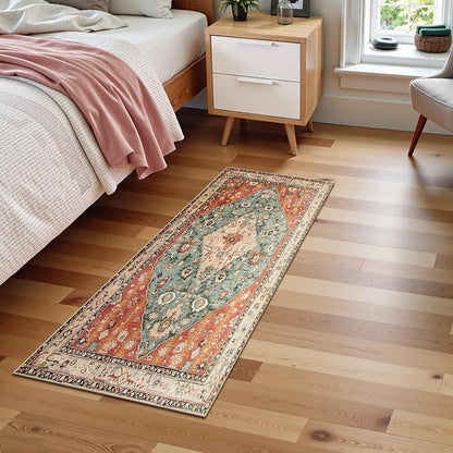 Lahome Boho Tribal 2x4.3 Washable Rug Runners for Hallways Non Slip, Kitchen Bathroom Entryway Carpet Runner, Bohemian Faux Wool Low-Pile Throw Doormat for Laundry Entrance (Rust/Dull Teal,2x4.3ft)