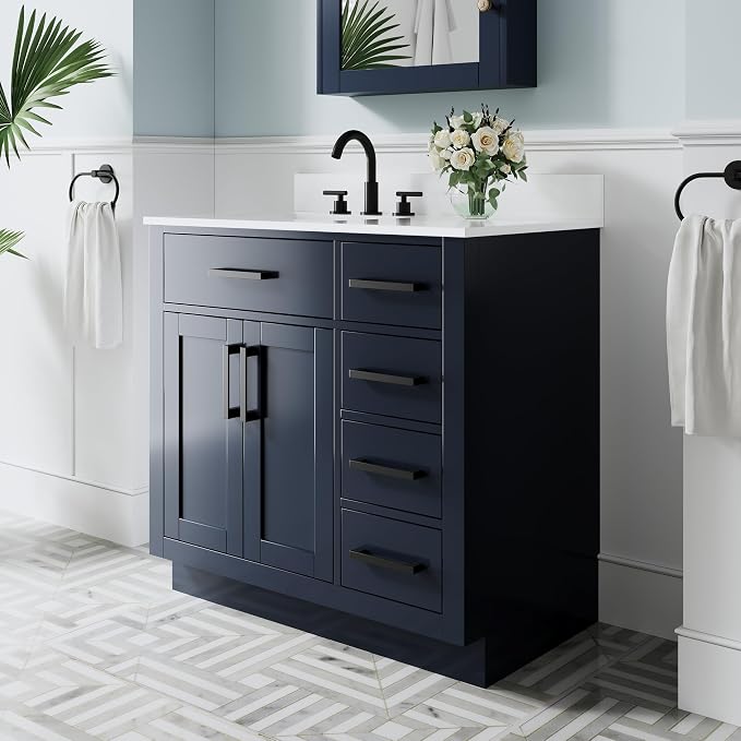 36-Inch Bathroom Vanity with Sink W/ 2 Doors & 4 Drawers & 1 Flip Drawer,Navy Blue Vanity W/Matte Black Handles