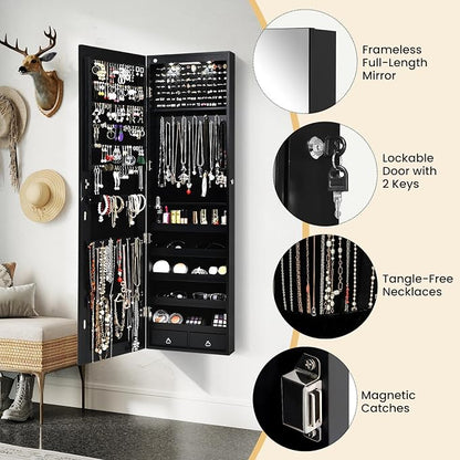 Giantex Wall Door Mounted Jewelry Armoire Cabinet with 47.5" H Full Length Mirror, 2 LEDs Lockable Jewelry Organizer Box with Bracelet Rod, 2 Drawers, Large Storage Capacity (Black)