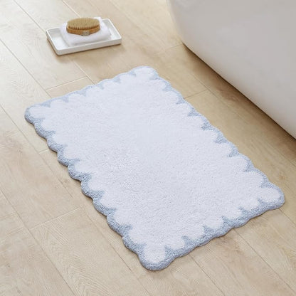 Peri Home Scalloped Bath Rug 20" x 30" White with Blue 1-Piece | Soft & Absorbent, Cotton Tufted, Mat, Scallop