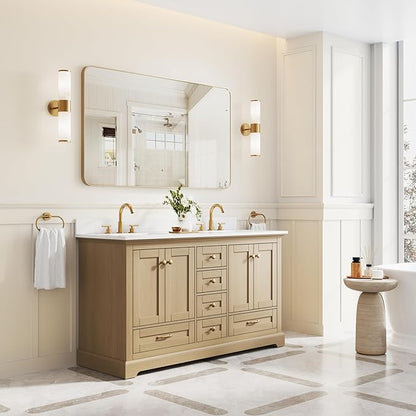 WELLFOR 60" Bathroom Vanity with Double Sinks, Bathroom Freestanding Vanity W/4 Soft-Close Doors and 6 Drawers, Large Storage Space Vanity, Bathroom Vanity with Cultured Marble Countertop (Oak)